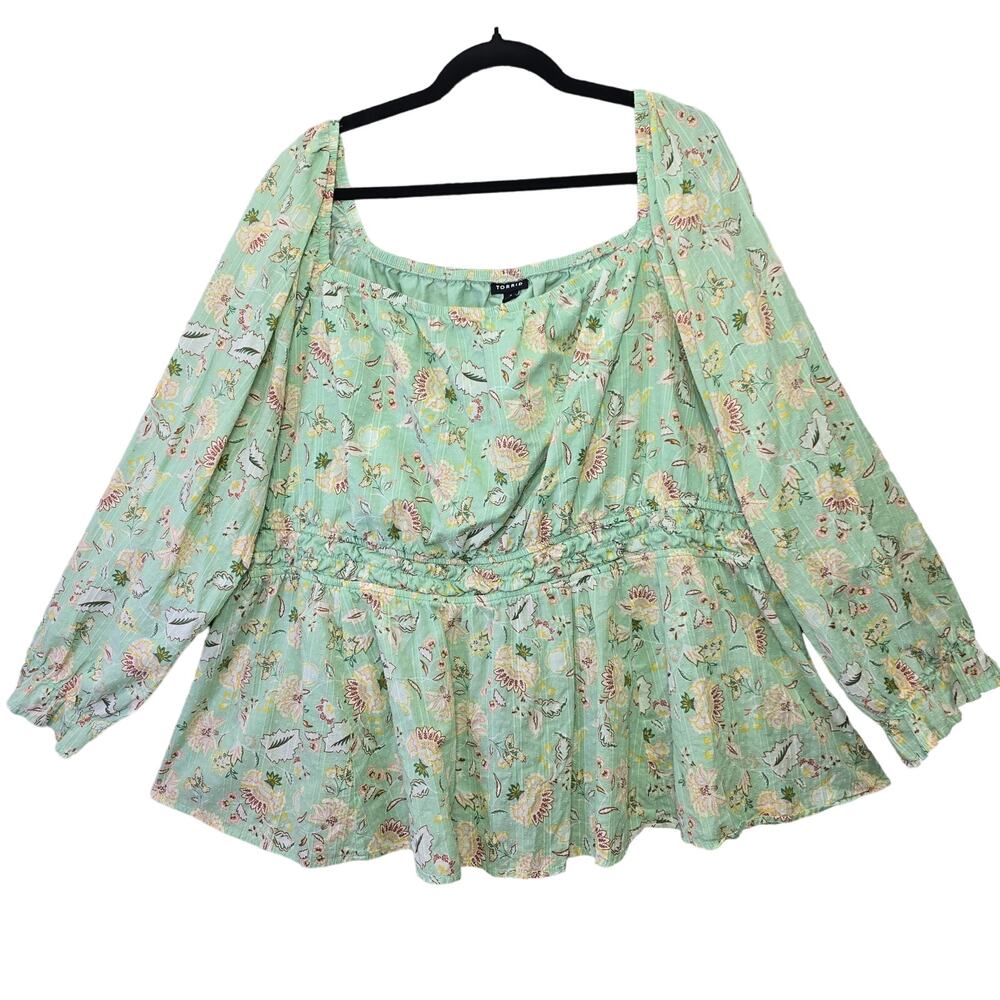 Torrid Top Womens Plus Size 4X Mint Green Bohemian Floral Peasant Blouse Cotton